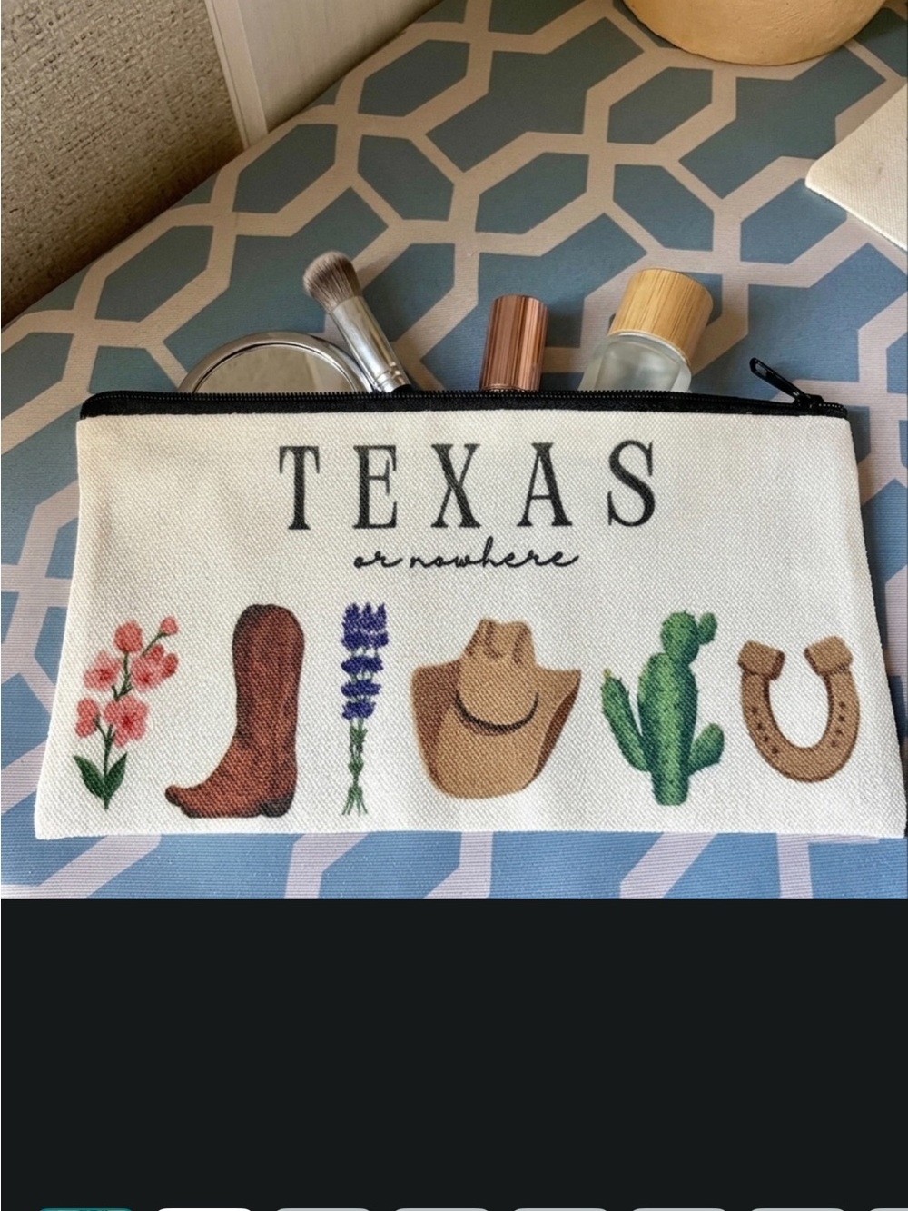 Texas Nowhere Zip Pouch with Western Icons - White
